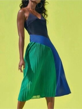 Cushnie for Target Colorblock Navy, Royal Blue & Green Pleated Midi Dress